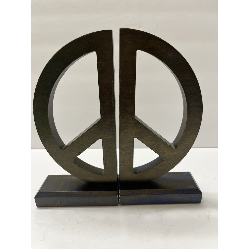 Peace Sign Bookends Wood Painted Black Over Blue 8x4" Lightweight Decorative